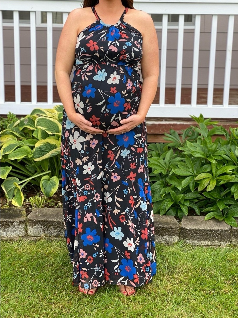 A Pea in the Pod Black Maternity Black Floral Halter Maxi Dress- Blue/coral